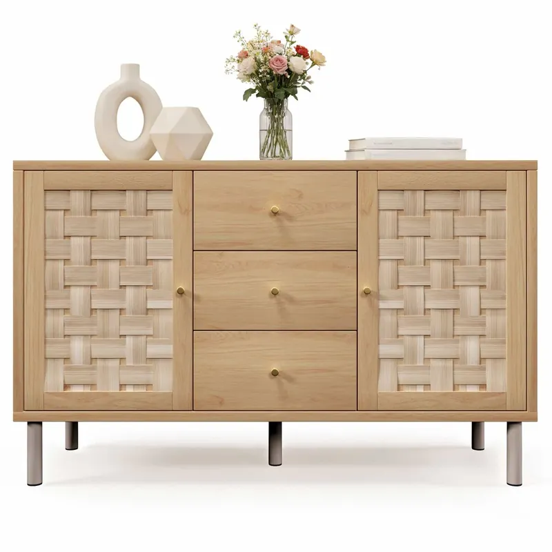 Aparador 120x40x75 cm - 2 puertas, 3 cajones, estantes regulables, patas metálicas, antideslizante, para salón, pasillo, cocina - roble