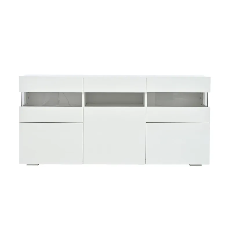 Aparador 140x40,5x66,5 cm - 3 puertas, con LED, 7 estantes, blanco