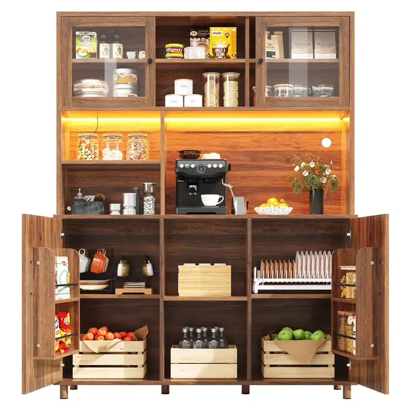 Aparador 120x40x185 cm - Con iluminación LED, puerta con estante para snacks, estilo retro - Color Nogal