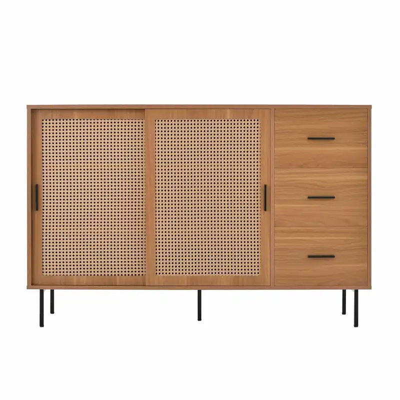 Aparador 140x91x37 cm - 2 puertas correderas, 3 cajones, estilo rústico - Natural