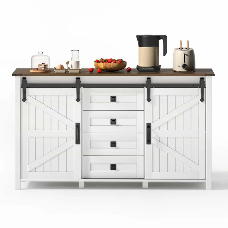 Aparador 137 cm - con puertas correderas y 4 cajones, estilo vintage, mueble de almacenamiento - blanco