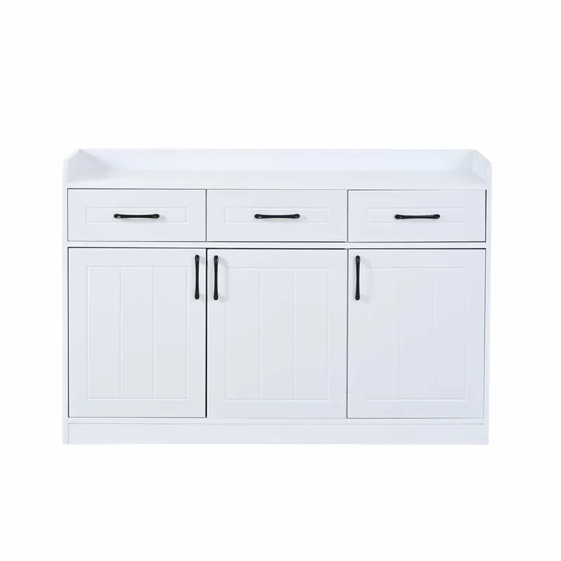 Aparador 120x35x80 cm - mueble de salón con 3 cajones y 3 puertas, estantes ajustables, tiradores, diseño rayado, capacidad 60 kg, armario de entrada - blanco