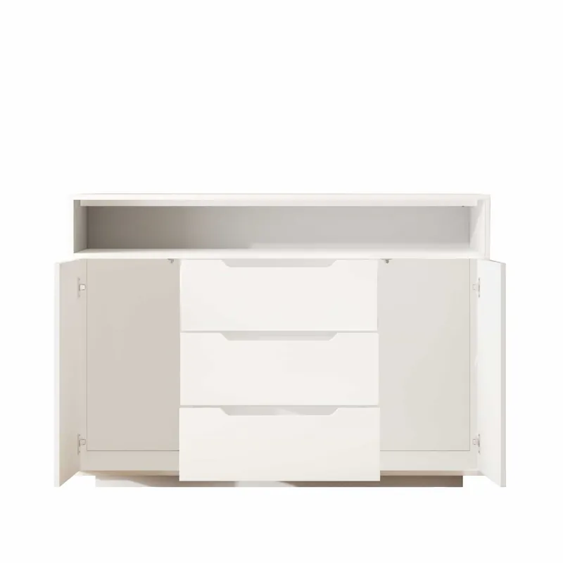 Aparador 120x40 cm - 3 cajones, puertas dobles, estante abierto, esquinas redondeadas - Blanco