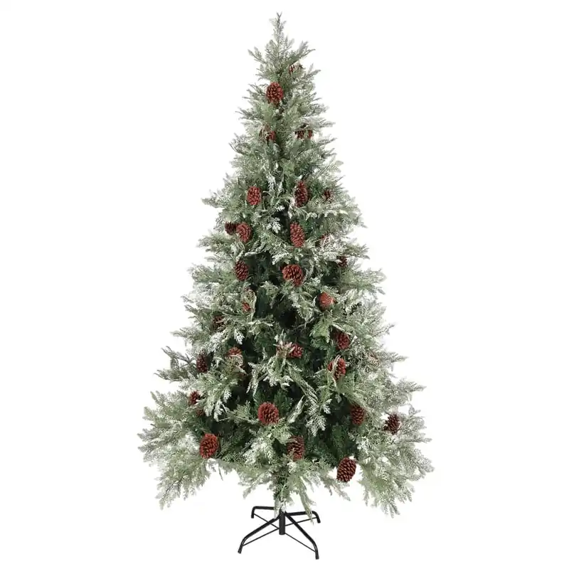 Árbol de Navidad - Árbol navideño con luces y piñas PVC PE verde y blanco 225 cm