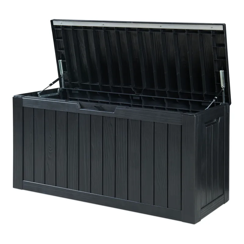 Arcón exterior Vades con tapa 117x47x59cm - Negro efecto madera [casa.pro]