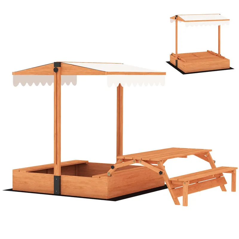 AIYAPLAY Arenero para Niños de Madera con Toldo Ajustable, Mesa Plegable de Picnic con Banco, Arenero Infantil con Asientos, Cubierta, para 6 Niños 3-8 Años, para Patio, Jardín, 184x110x120 cm, Marrón