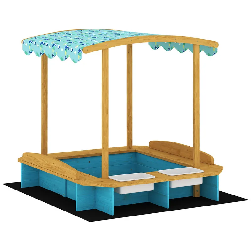 AIYAPLAY Arenero para Niños de Madera con Techo, Arenero Infantil con 3 Bancos, 2 Cajas de PP, Forro, Caja de Arena para Niños de 3-6 Años, para Patio, Jardín, Balcón, 128x118x121 cm, Azul