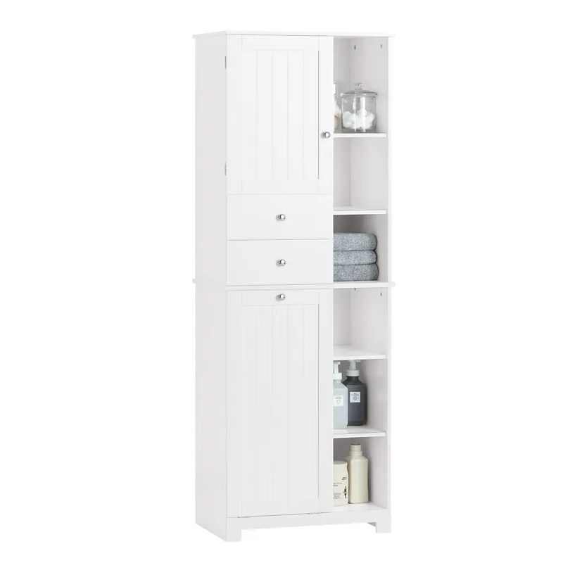 SoBuy BZR104-W Armario Alto de Baño con Estantes y Cesto para Ropa Sucia