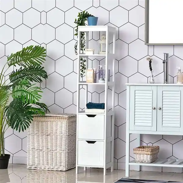 kleankin Armario Alto de Baño Multiusos Mueble Columna con 3 Estantes Abiertos y 2 Cajones de Almacenaje Diseño Antivuelco 30x30x144 cm Blanco