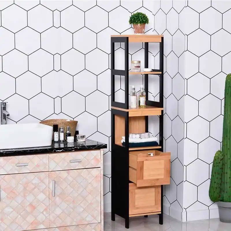 kleankin Armario de Baño Alto, Columna de Baño Estrecha con 3 Estantes y 2 Cajones de Bambú, Estilo Moderno, 30x30x144,3 cm, Negro y Natural