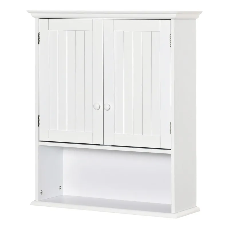 kleankin Armario Baño de Pared con 2 Puertas Estante Interior Ajustable y Compartimento Abierto Mueble Auxiliar Suspendido Multiusos para Cocina 60x20x70,5 cm Blanco