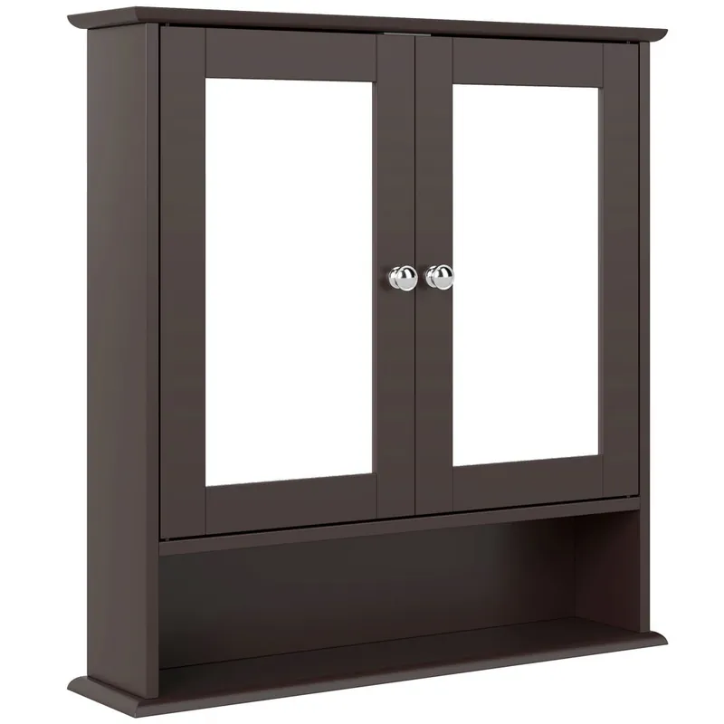 kleankin Armario de Baño con Espejo, Armario de Pared con 2 Puertas, Estante Abierto, Estante Ajustable, Mueble de Baño Colgar para Cocina, Salón, 56x13x58 cm, Marrón Oscuro