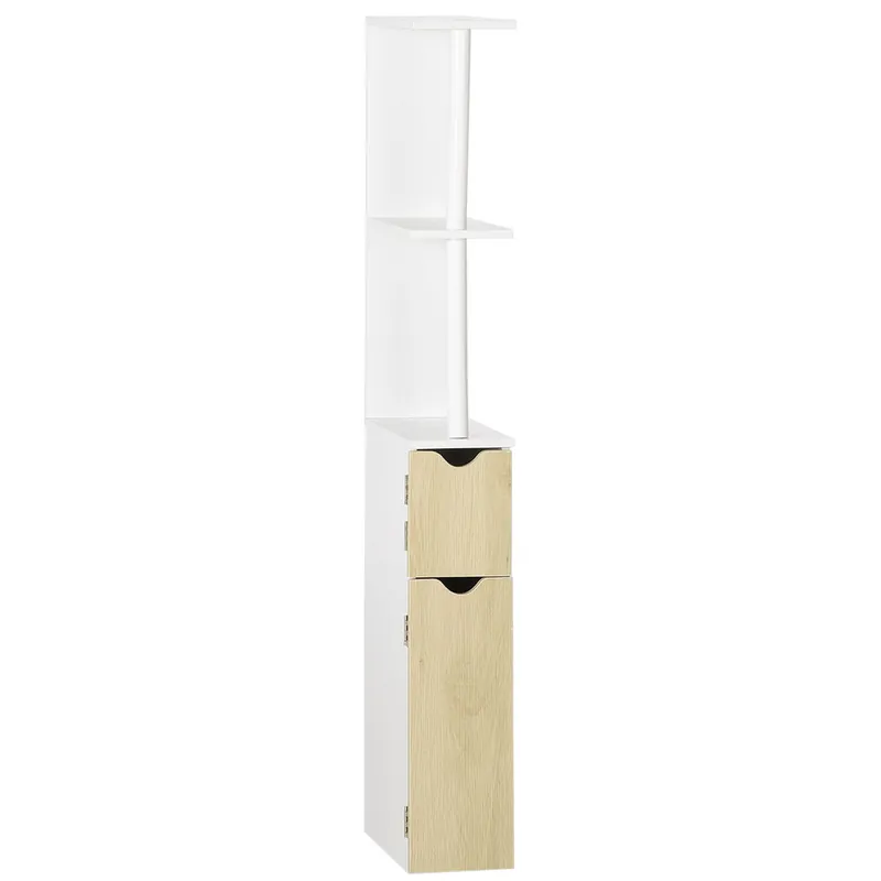 kleankin Columna de Baño Mueble de Baño con Puertas y Estantes Abiertos Armario de Baño Estilo Moderno 15,2x29,8x118 cm Blanco y Natural