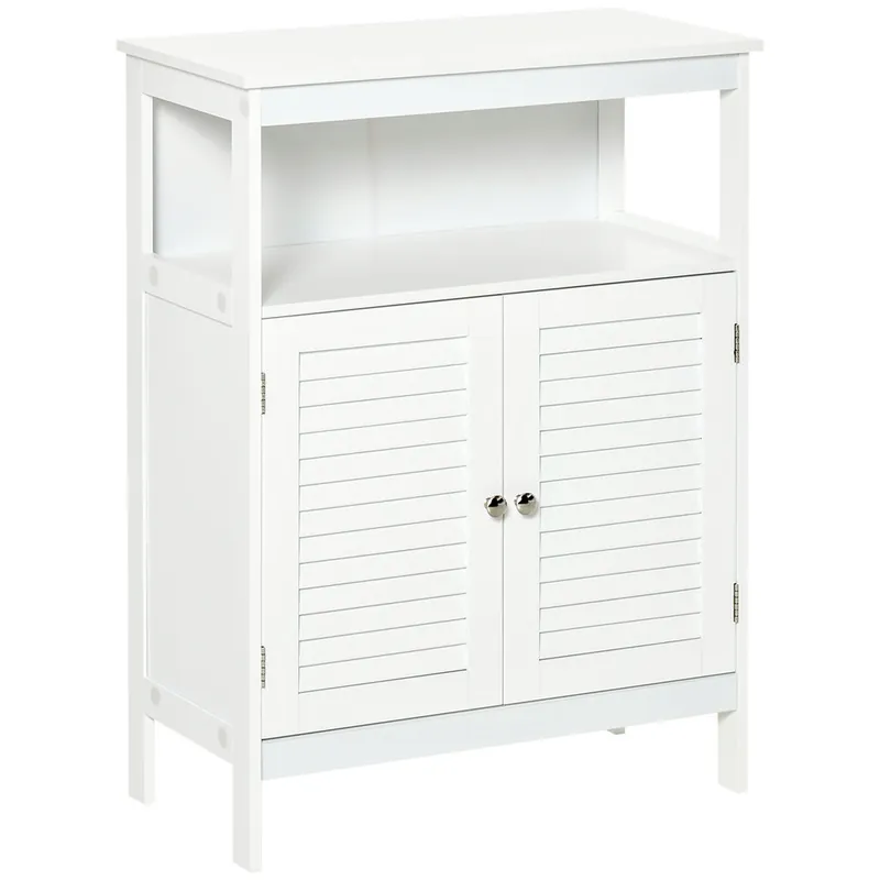 kleankin Mueble Auxiliar de Baño Armario para Baño con 2 Puertas de Persianas Estante Abierto Gran Espacio de Almacenamiento Diseño Moderno 60x30x81,6 cm Blanco