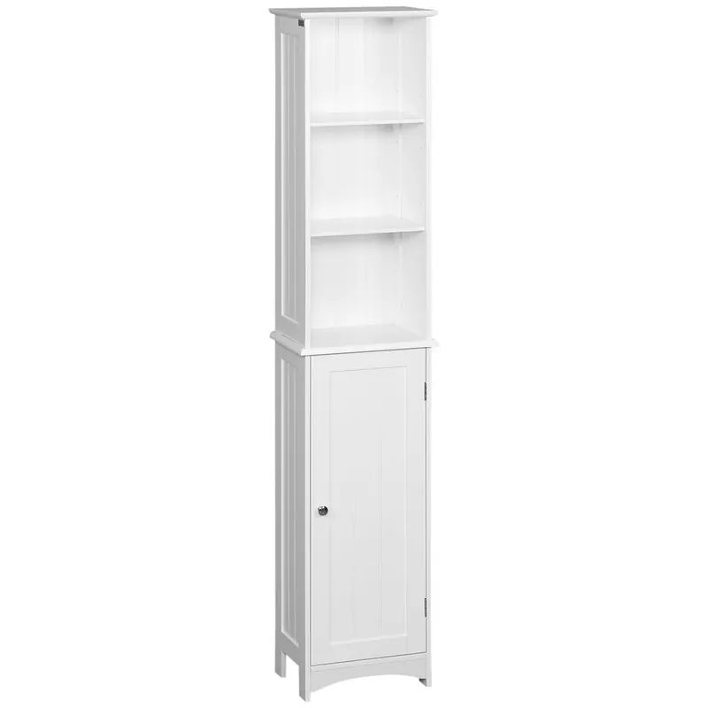 kleankin Armario Alto de Baño Columna Auxiliar de Baño con 3 Compartimientos de Almacenaje Puerta y Estantes Ajustables para Ducha Aseo Dormitorio 34x23x165 cm Blanco