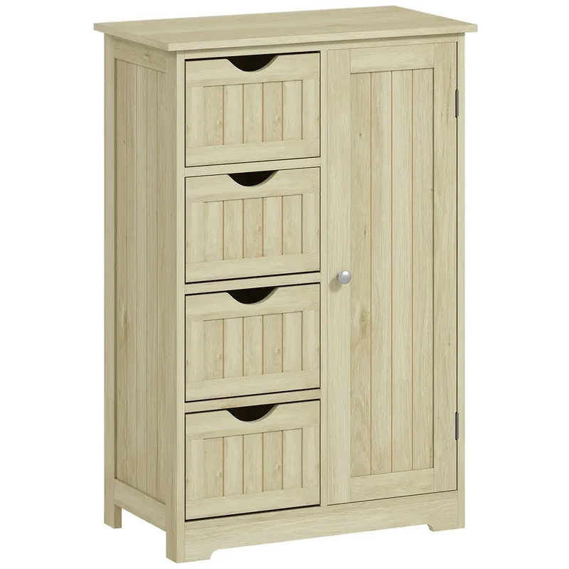kleankin Armario de Baño, Columna de Baño Estrecha con 4 Cajones y Estante Ajustable, Estilo Moderno, para Espacios Pequeños, 56x30x83 cm, Madera Natural
