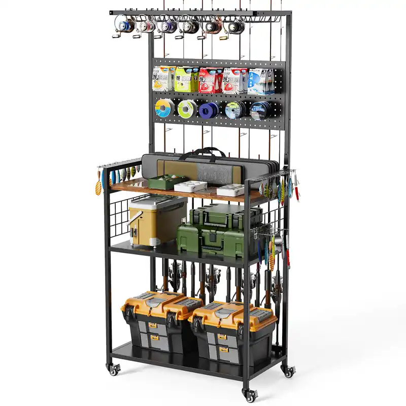 Carro de pesca con ruedas y soporte para cañas de pescar Multi-nivel - estante para almacenamiento de cañas, carretes, maletas y bolsas de pesca - Negro
