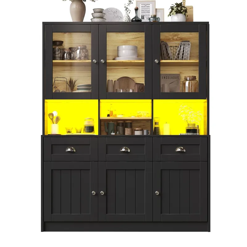 Aparador 140x40x175 cm - Vitrina con estantes ajustables y LED - Blanco