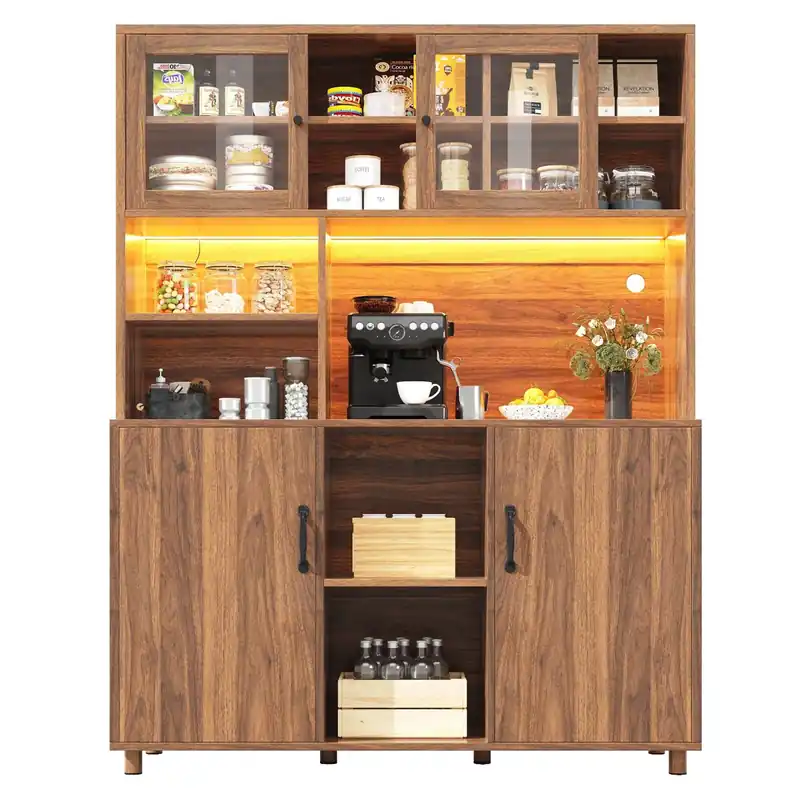 Aparador 120x40x185 cm - Con iluminación LED, puerta con estante para snacks, estilo retro - Color Nogal