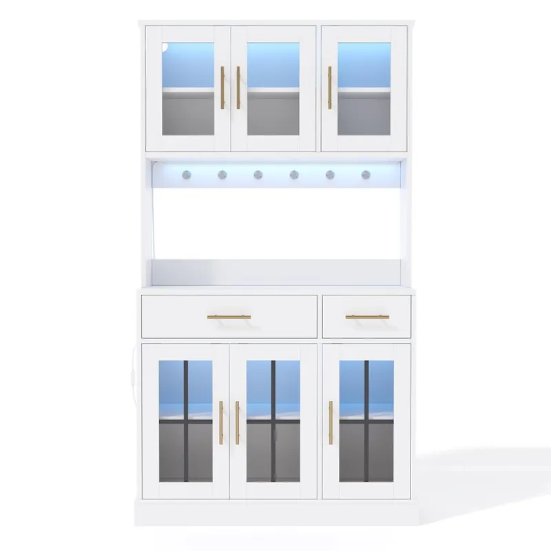Aparador 180x100 - 6 puertas, 2 cajones, LED, enchufe, estantes ajustables, estilo rústico - Blanco