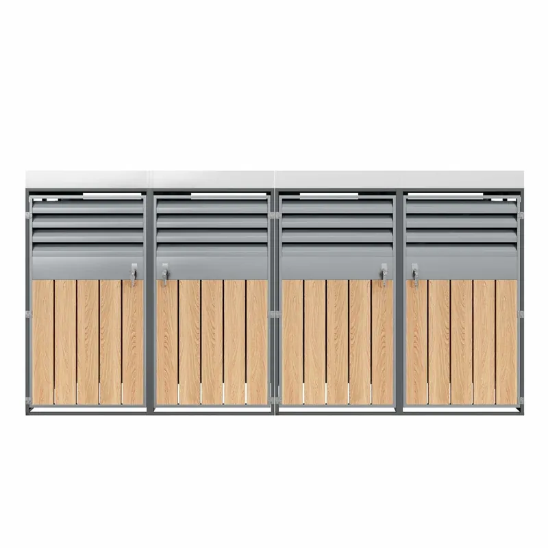 Contenedor de basura- con ventilación, 4 puertas, cerrable, con macetero - Gris/Madera