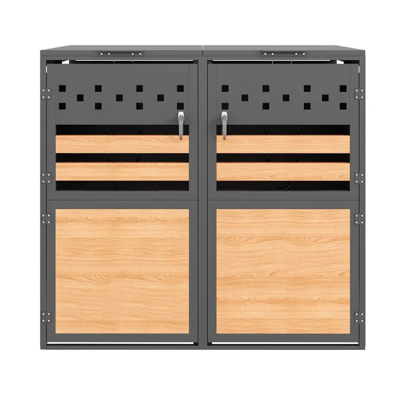 Caja para basuras 132x80x118 cm - Con tapa abatible, compartimentos para almacenamiento de basura, cerrable, dos puertas, recortes en forma de rombo, paneles de madera con vetas horizontales - Gris, Madera