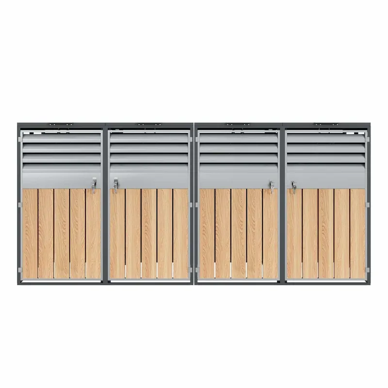 Contenedor de basura 132x80x118 cm - con tapa abatible, ventilación con lamas, compartimentos de basura, cerrable, cuatro puertas - Gris, Madera