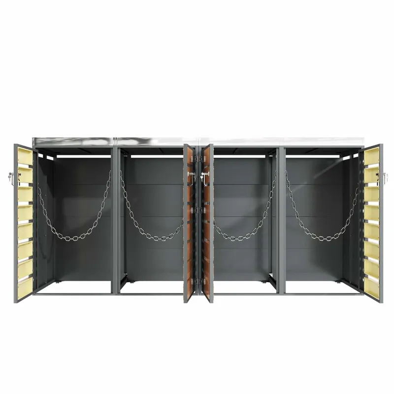 Caja para basuras - Cuatro puertas, con paneles horizontales de madera, compartimentos para almacenamiento de basura, cerradura, área para plantas, panel de puerta con patrón de diamantes - Gris, Madera