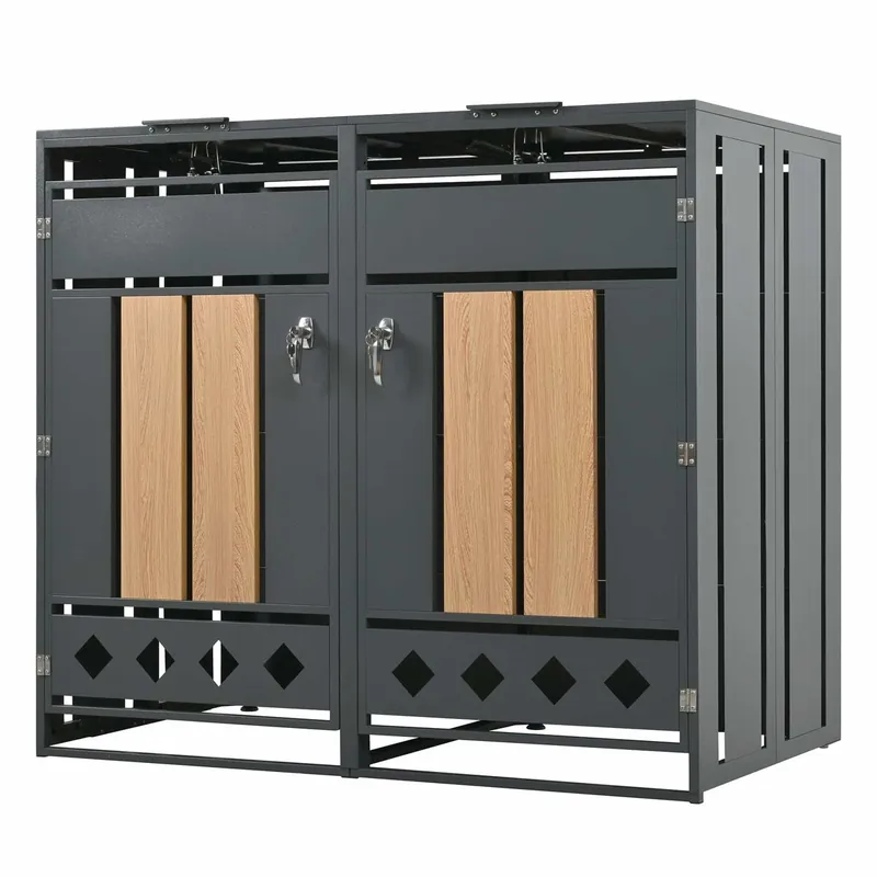 Caja para contenedores de basura con tapa abatible - Compartimentos de almacenamiento para basura, Cerradura, Dos puertas, Panel de puerta con vetas verticales de madera, Zócalo hueco en forma de rombo - Gris, Madera