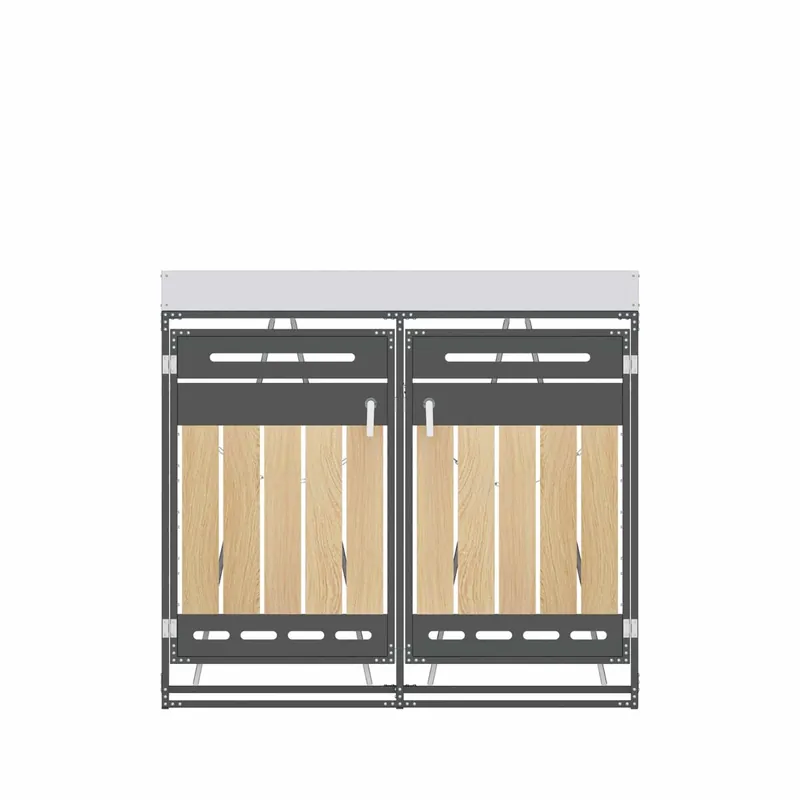 Contenedor de basura con macetero - paneles de madera verticales, ventilación perforada, armario de jardín de hierro con cerradura - negro