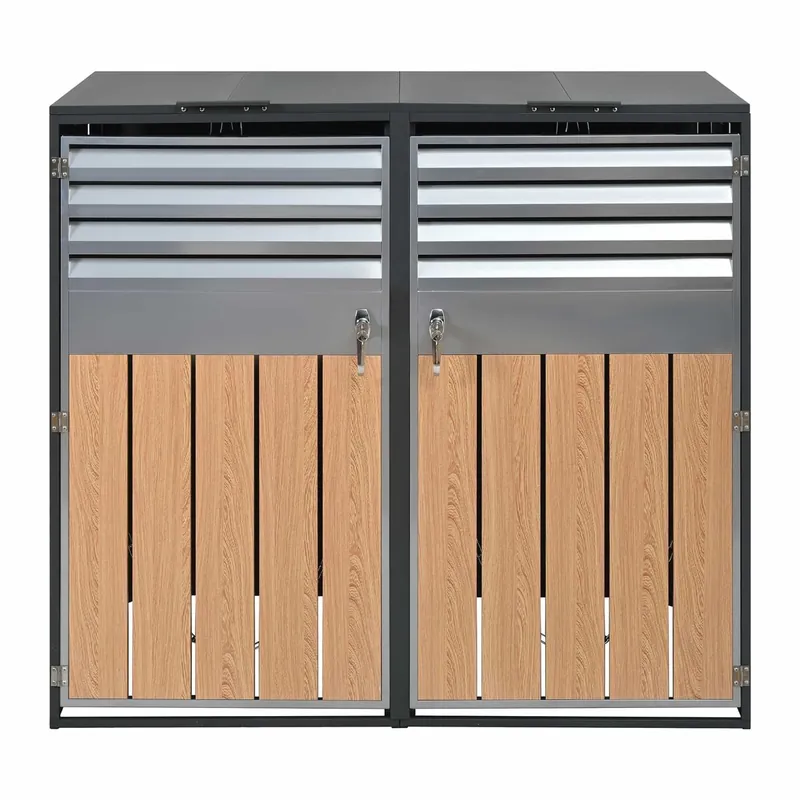 Contenedor de basura 132x80x118,5 cm - con tapa abatible, ventilación con lamas, compartimentos de basura, cerrable, dos puertas - Gris,Madera