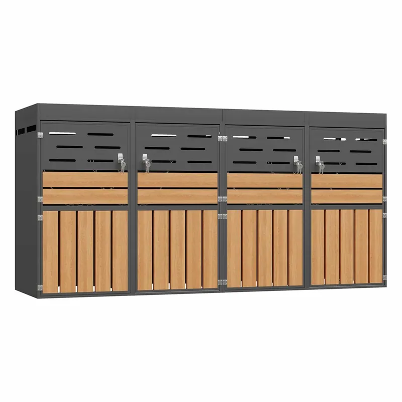 Armario exterior multifuncional – con macetero integrado, ventilación de lamas, 4 compartimentos, marco de acero galvanizado y cadena de seguridad – para almacenamiento y decoración de jardín - gris