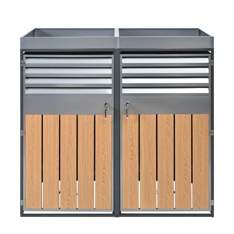 Contenedor de basura 132x80x124,5 cm - con ventilación de lamas, cerrable, 2 puertas, área para plantas - Gris/Madera