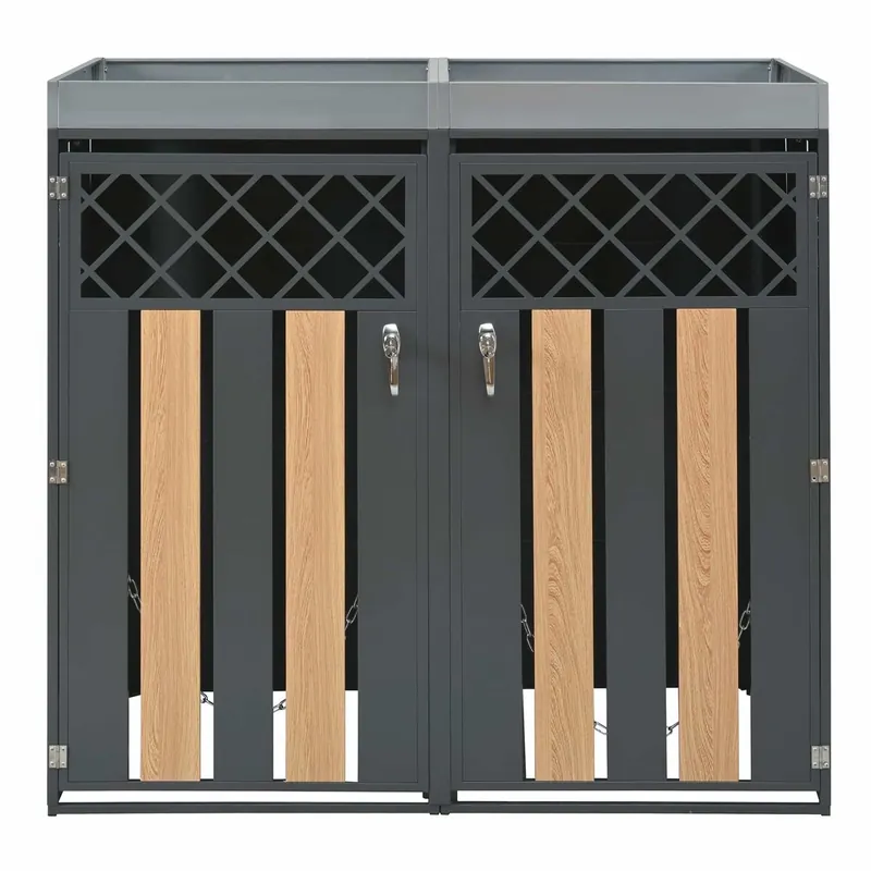Contenedor de basura exterior 132x80x124,5 cm - con orificios de ventilación en forma de rombo, compartimentos para residuos, cerradura, dos puertas y superficie para plantas - Gris y Madera