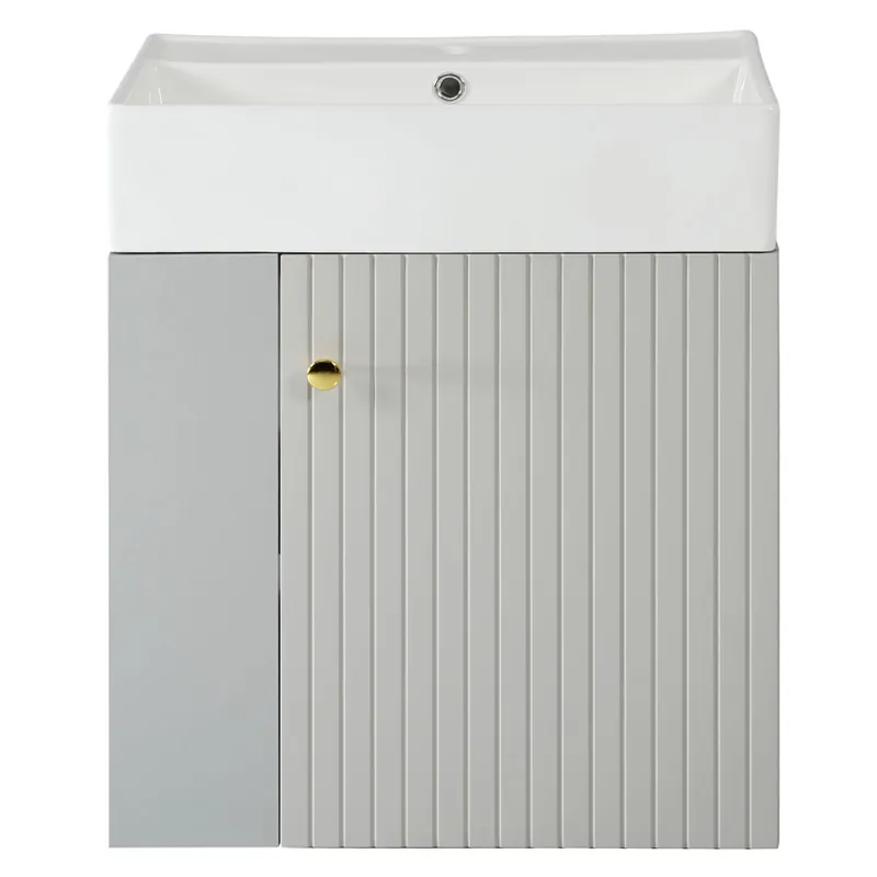 Mueble de baño suspendido con lavabo cuadrado - 4 compartimentos - Gris (grifo no incluido)