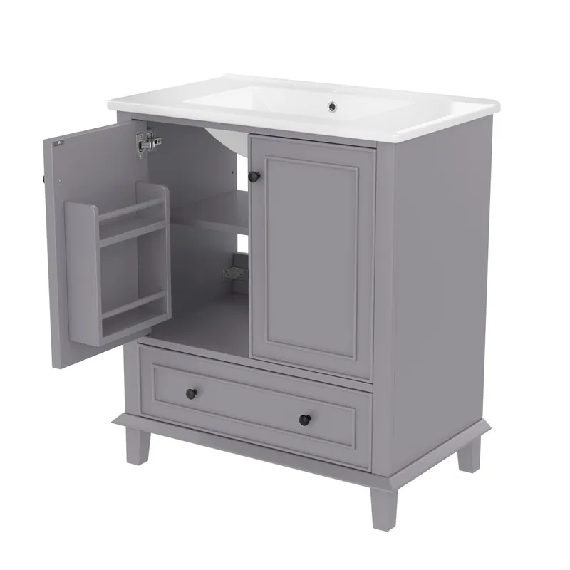 Mueble de baño 76x46x87 cm - Con lavabo, patas de madera maciza, impermeable, gran capacidad, gris