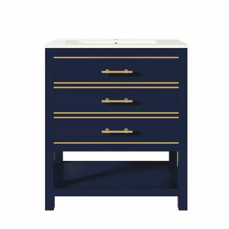 Mueble de baño con lavabo cerámico - Mueble independiente con 2 cajones y estante abierto, tablero MDF lacado, tiradores dorados - Negro + Azul
