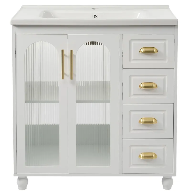 Mueble de baño individual 80cm - Con lavabo cerámico, blanco