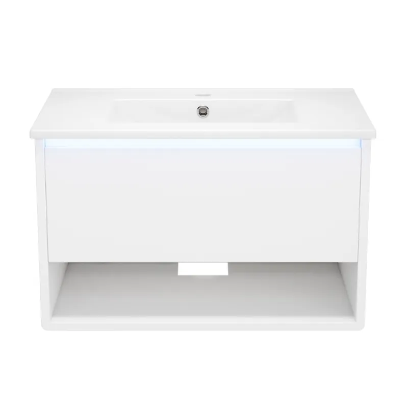 Mueble de baño 76x46x45 cm - Colgante, cajón, estante abierto, LED sensor - Blanco