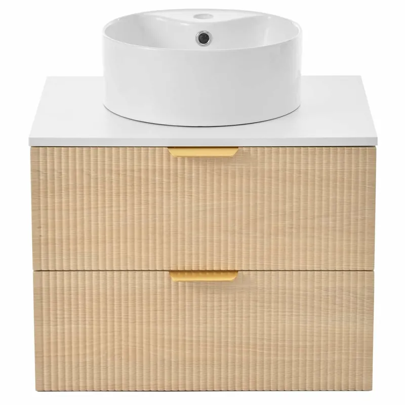Mueble de baño suspendido 60 cm - lavabo cerámico redondo, frentes con efecto madera y diseño de rayas, MDF de alta calidad, gran capacidad de almacenaje con 2 cajones + encimera - Madera natural