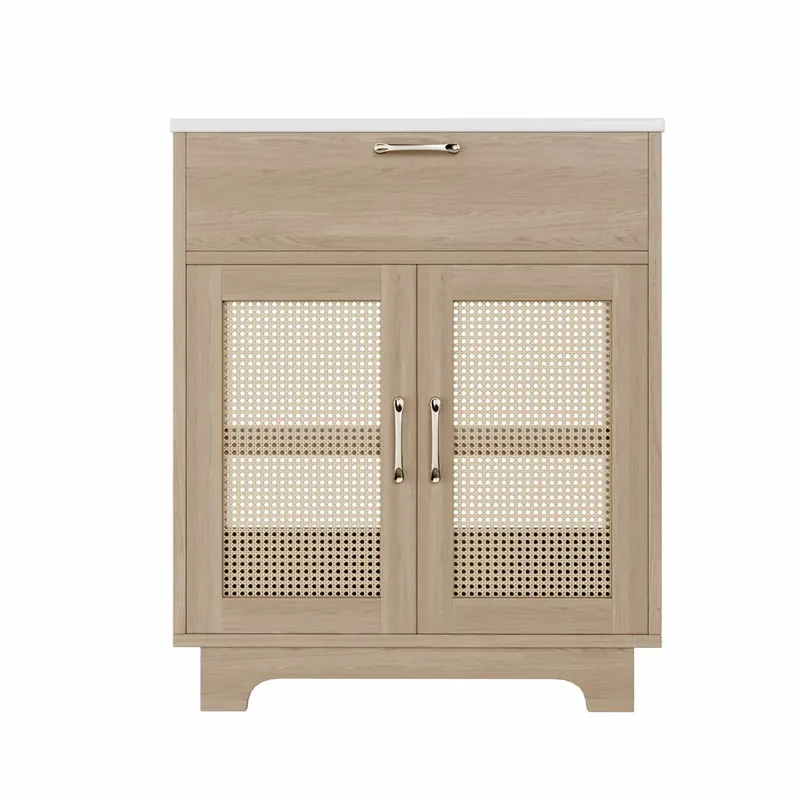 Mueble de baño con lavabo 76x46x88 cm - resistente a la humedad, cajones con sistema elevable, doble puerta con cierre suave, patas altas con detalles de ratán, lavabo de cerámica - color natural