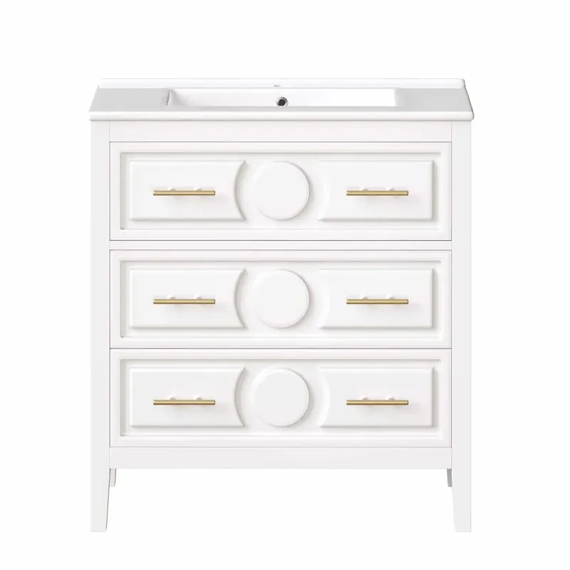 Mueble bajo lavabo de baño 81x46,5 cm - 3 cajones estilo retro, lavabo de cerámica, sistema soft-close, independiente, tiradores metálicos - blanco