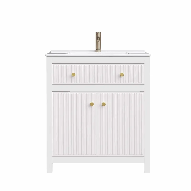Mueble de baño bajo lavabo 81x46,5 cm - lavabo cerámico, 1 cajón + 1 puerta con cierre suave, diseño moderno estriado, independiente - Blanco