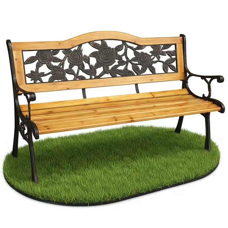 Banco de jardín negro ROSA con madera lacada y patas de acero, ancho 127 cm