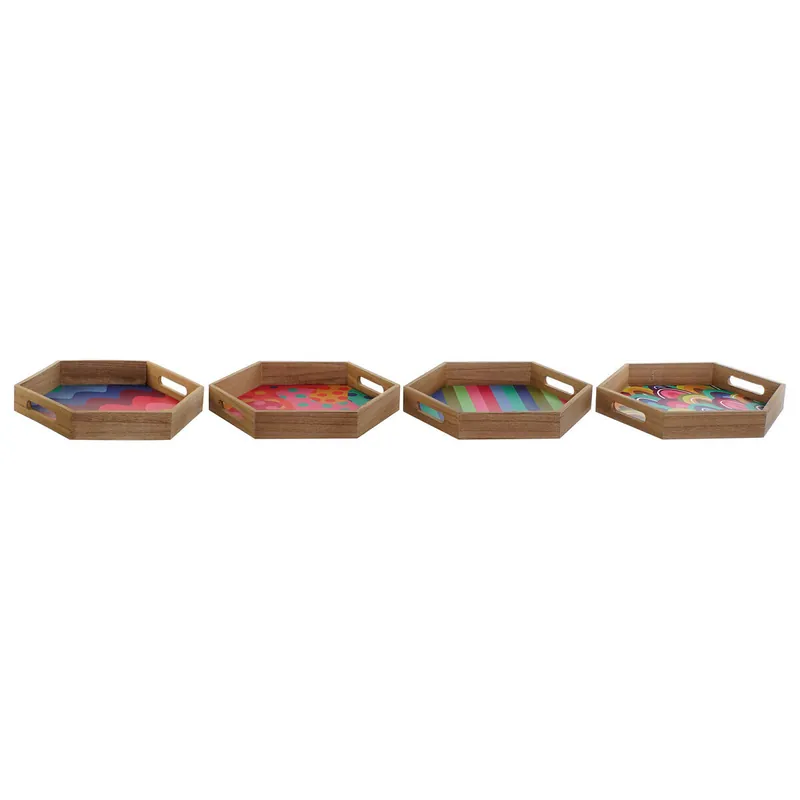Bandeja DKD Home Decor Multicolor Natural Madera MDF 35 x 35 x 5 cm (4 Unidades) - Cocina