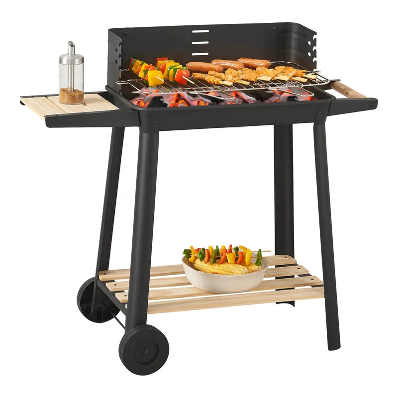 Barbacoa de carbón Ari con 2 ruedas 78x86x30cm - Negro/Madera [casa.pro]