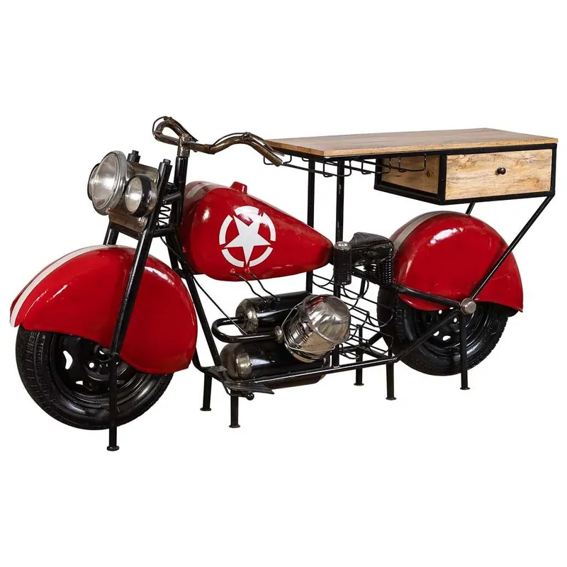 Barra botellero moto de madera y metal roja 200x43x94 - Cocina
