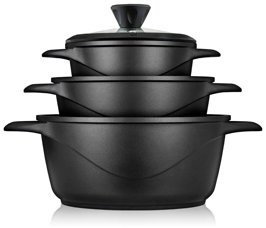 Briebe MGK-18S Batería de Cocina Inducción 6 Piezas Aluminio Fundido 3 Ollas con Tapa de Cristal Antiadherente, , Negro