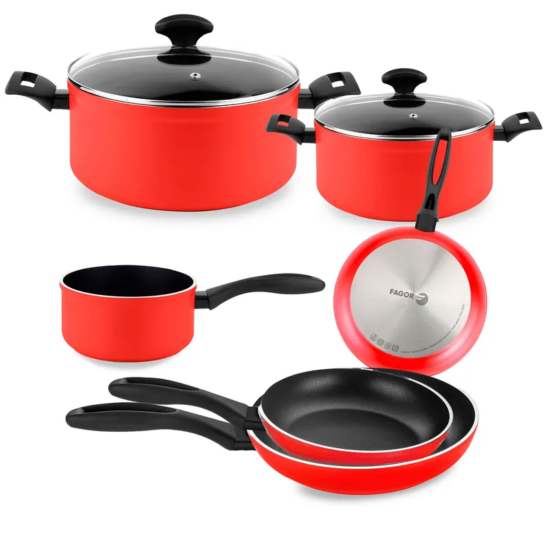 FAGOR Maxima Batería Cocina Inducción 8 Piezas, Antiadherente sin PFOA, Aluminio Forjado, Cazuelas Sartenes, , Rojo