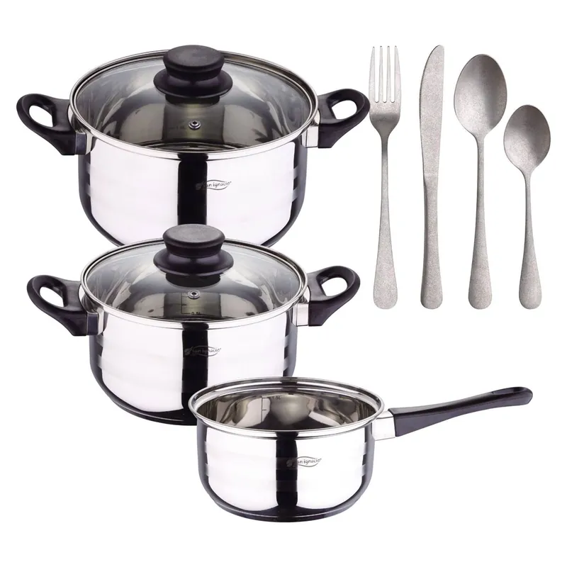 Set de baterías de cocina Toledo 5pc aptas para inducción+ Set de 16 Cubiertos en Acero Inoxidable NOIA San Ignacio